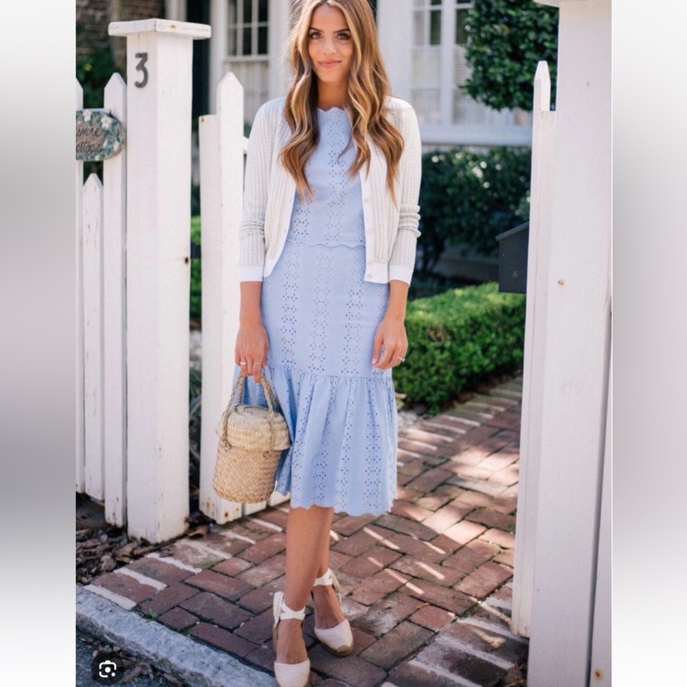 J.Crew Baby Blue Eyelet Scallop Top And Skirt Set Size 2 EUC Blogger Fav